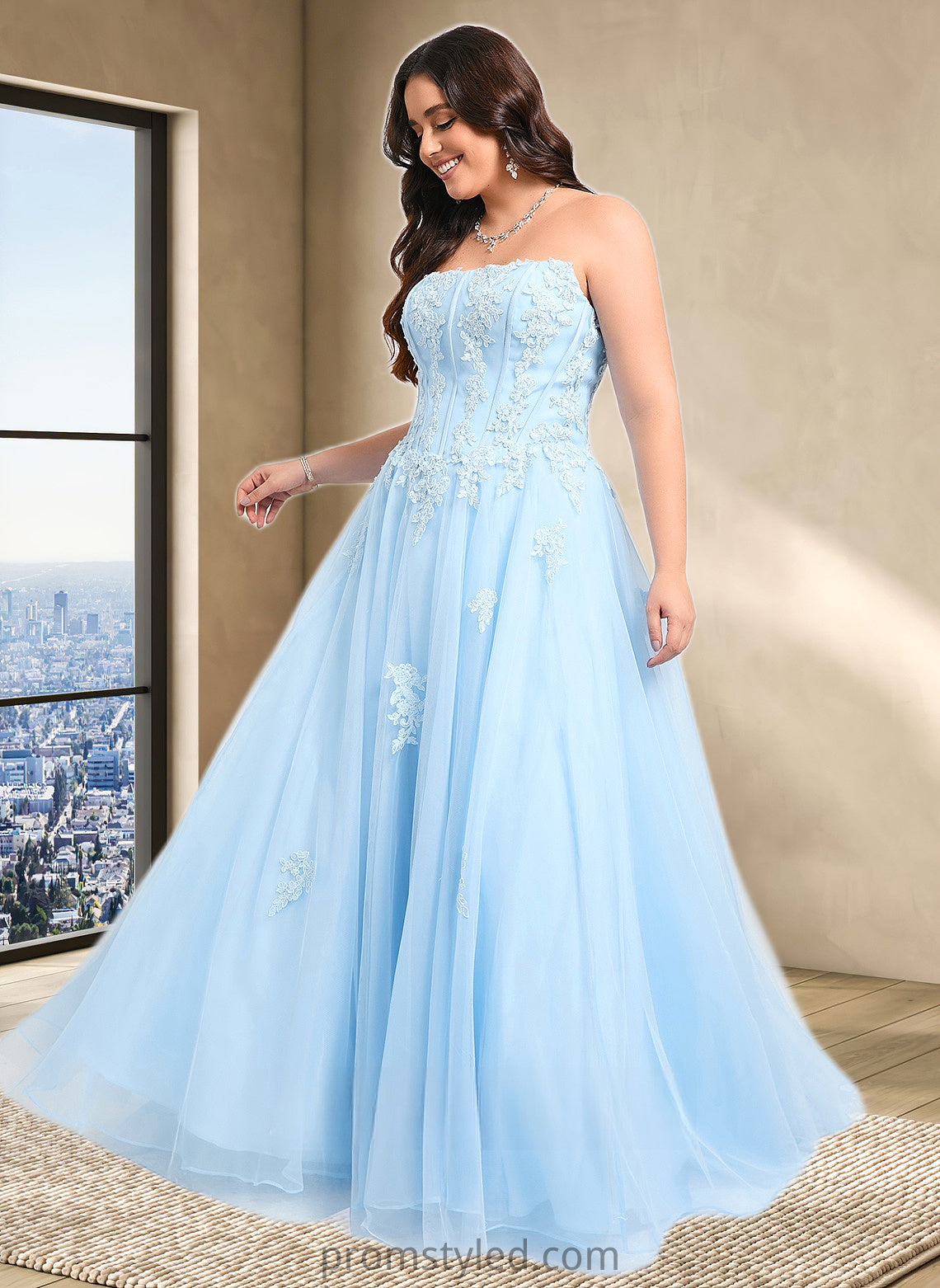 Makena Ball-Gown/Princess Straight Sweep Train Tulle Prom Dresses With Sequins Appliques Lace HLP0025864