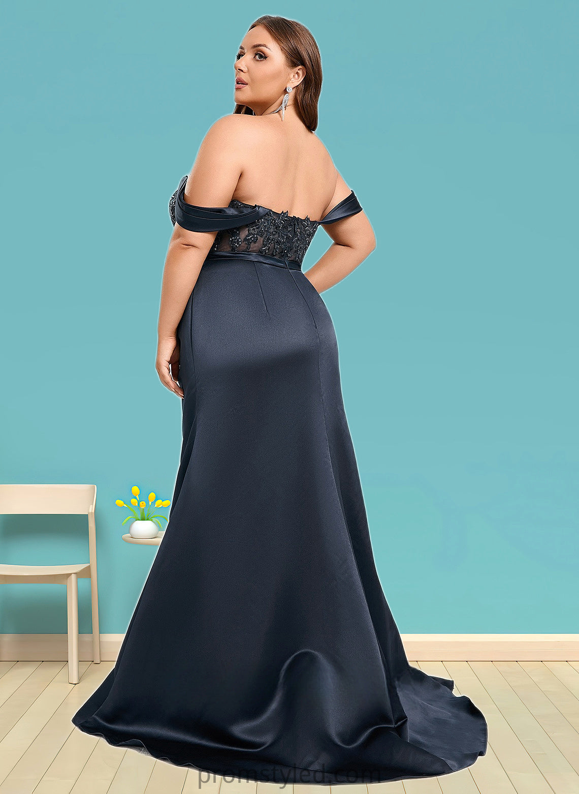 Lisa Trumpet/Mermaid Off the Shoulder Sweep Train Satin Prom Dresses With Sequins Appliques Lace HLP0025835