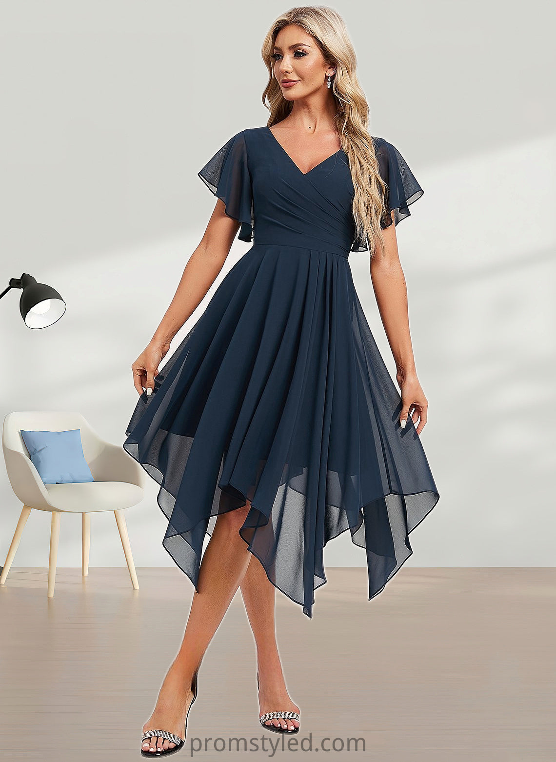 Zariah A-line V-Neck Asymmetrical Chiffon Bridesmaid Dress With Ruffle HLP0025804