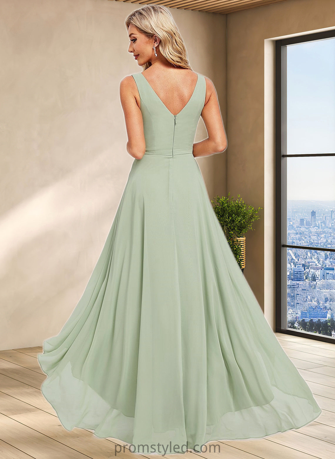 Maribel A-line V-Neck Asymmetrical Chiffon Bridesmaid Dress HLP0025809