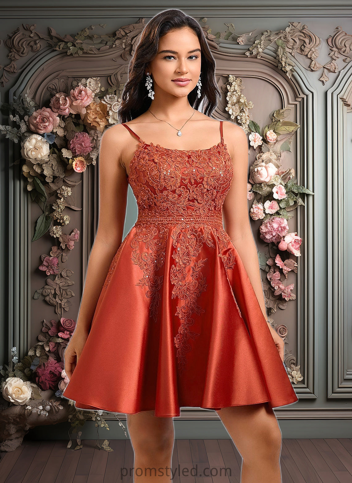 Taylor A-line Scoop Short Satin Lace Homecoming Dress With Sequins HLP0025683