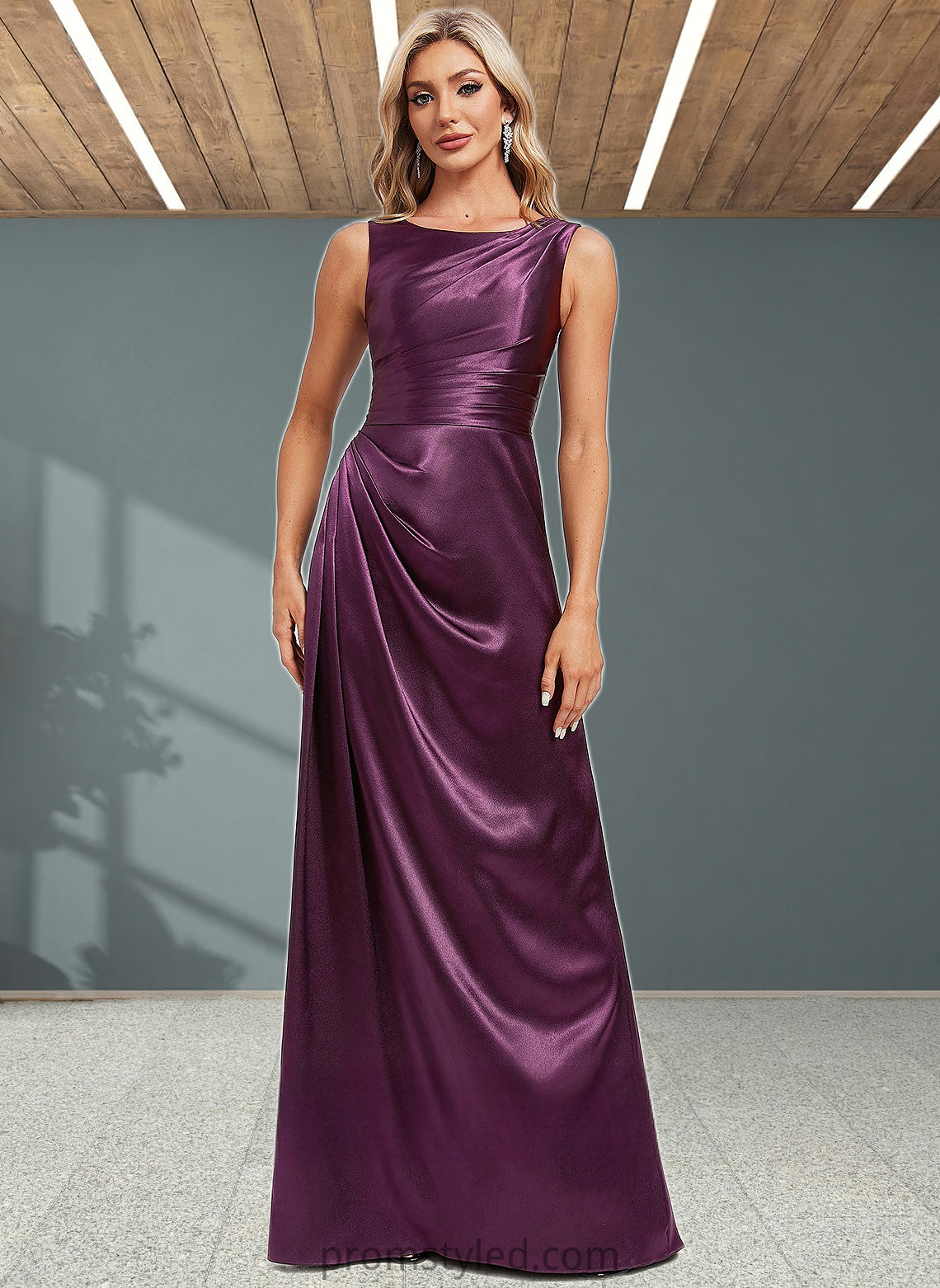 Kaelyn A-line Scoop Floor-Length Stretch Satin Bridesmaid Dress HLP0025829