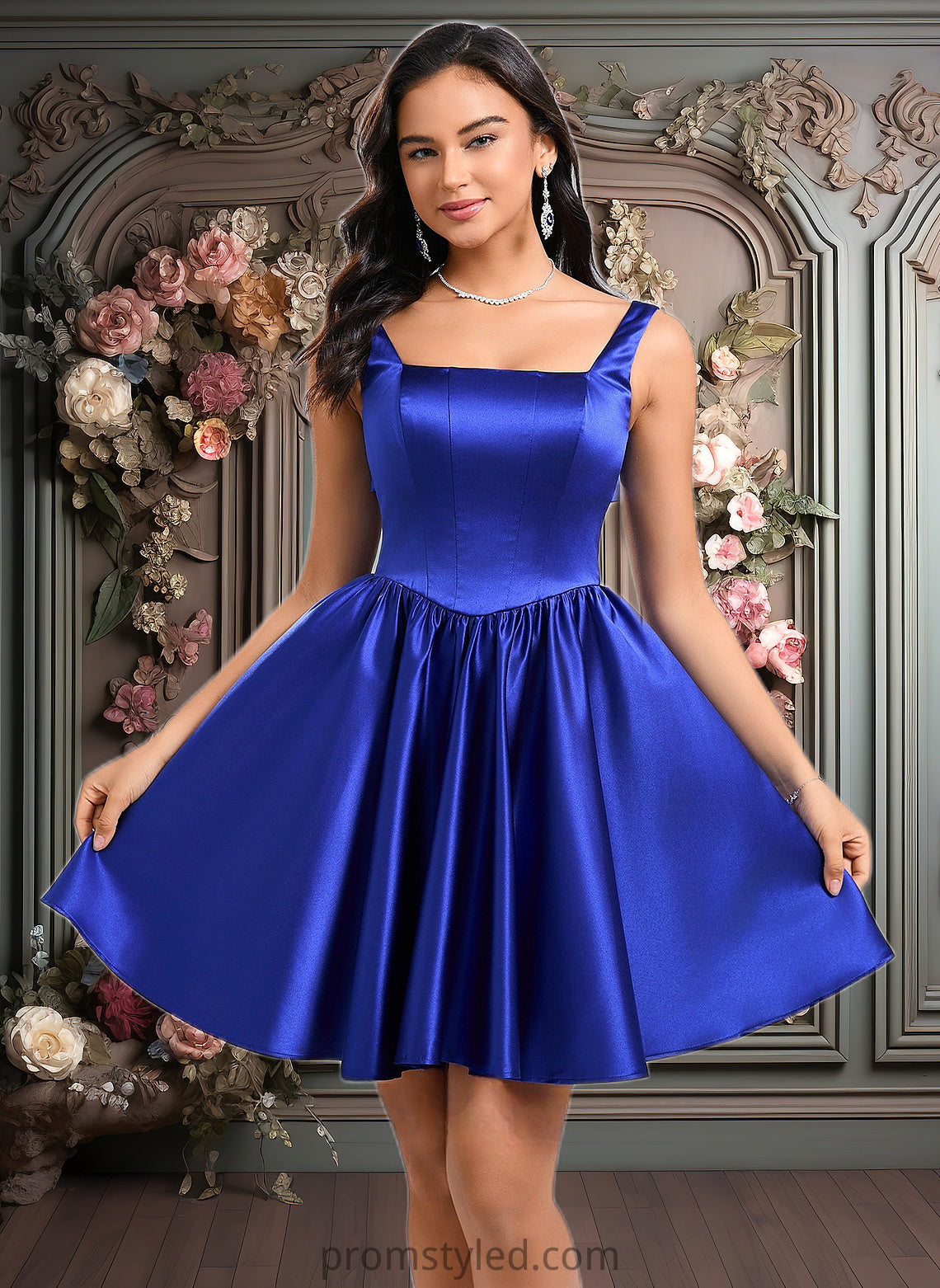 Lina A-line Square Short Satin Homecoming Dress With Bow HLP0025672