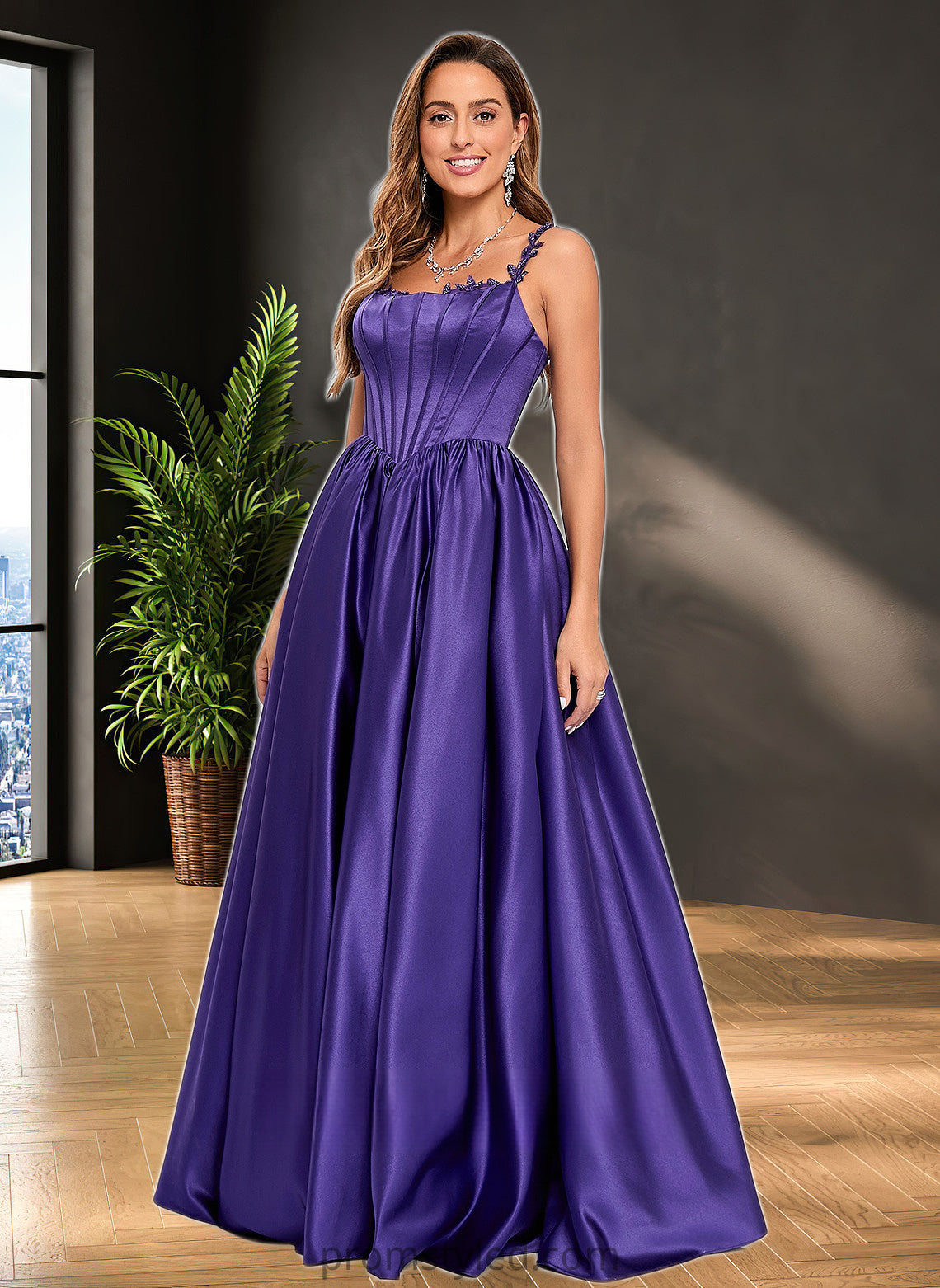 Maci Ball-Gown/Princess Scoop Floor-Length Satin Prom Dresses With Appliques Lace Beading HLP0025865