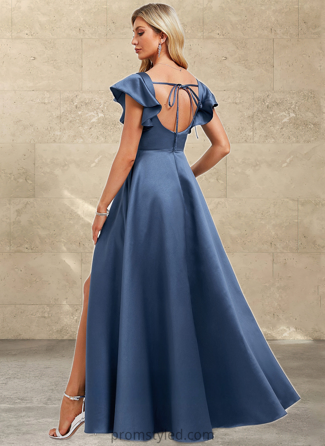 Frida A-line Square Floor-Length Satin Bridesmaid Dress With Ruffle HLP0025774