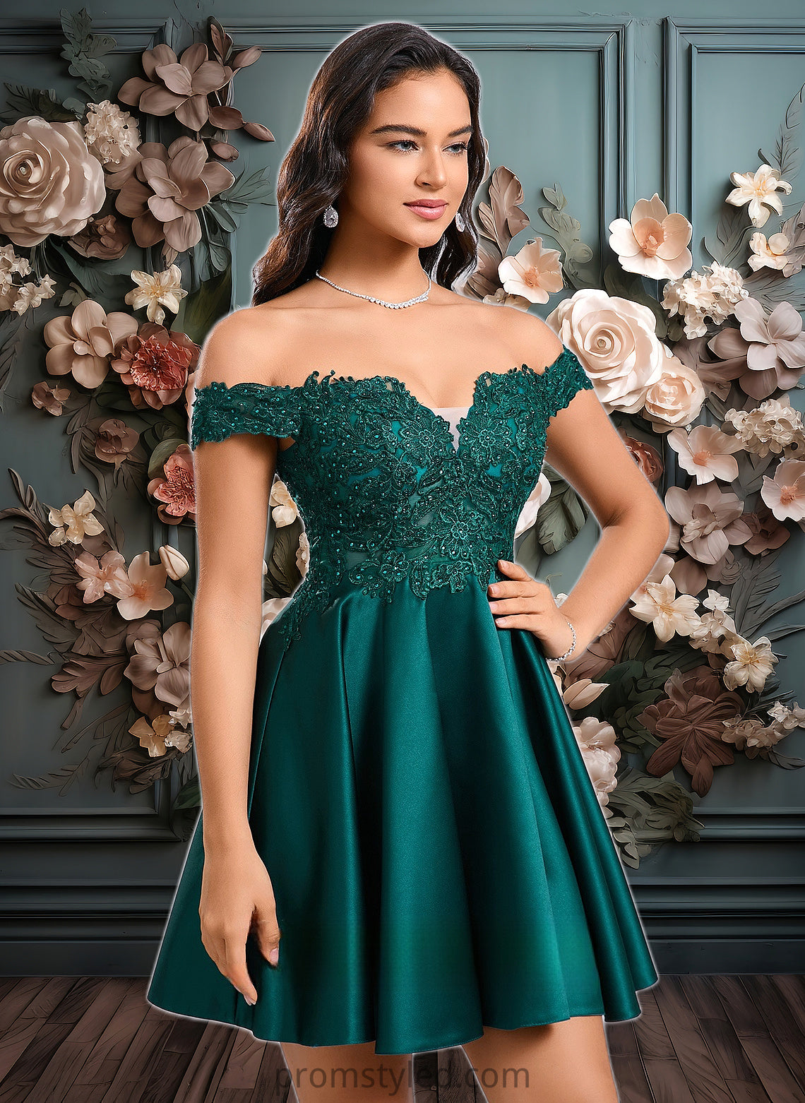 Cara A-line Off the Shoulder Short Lace Satin Homecoming Dress With Rhinestone HLP0025718