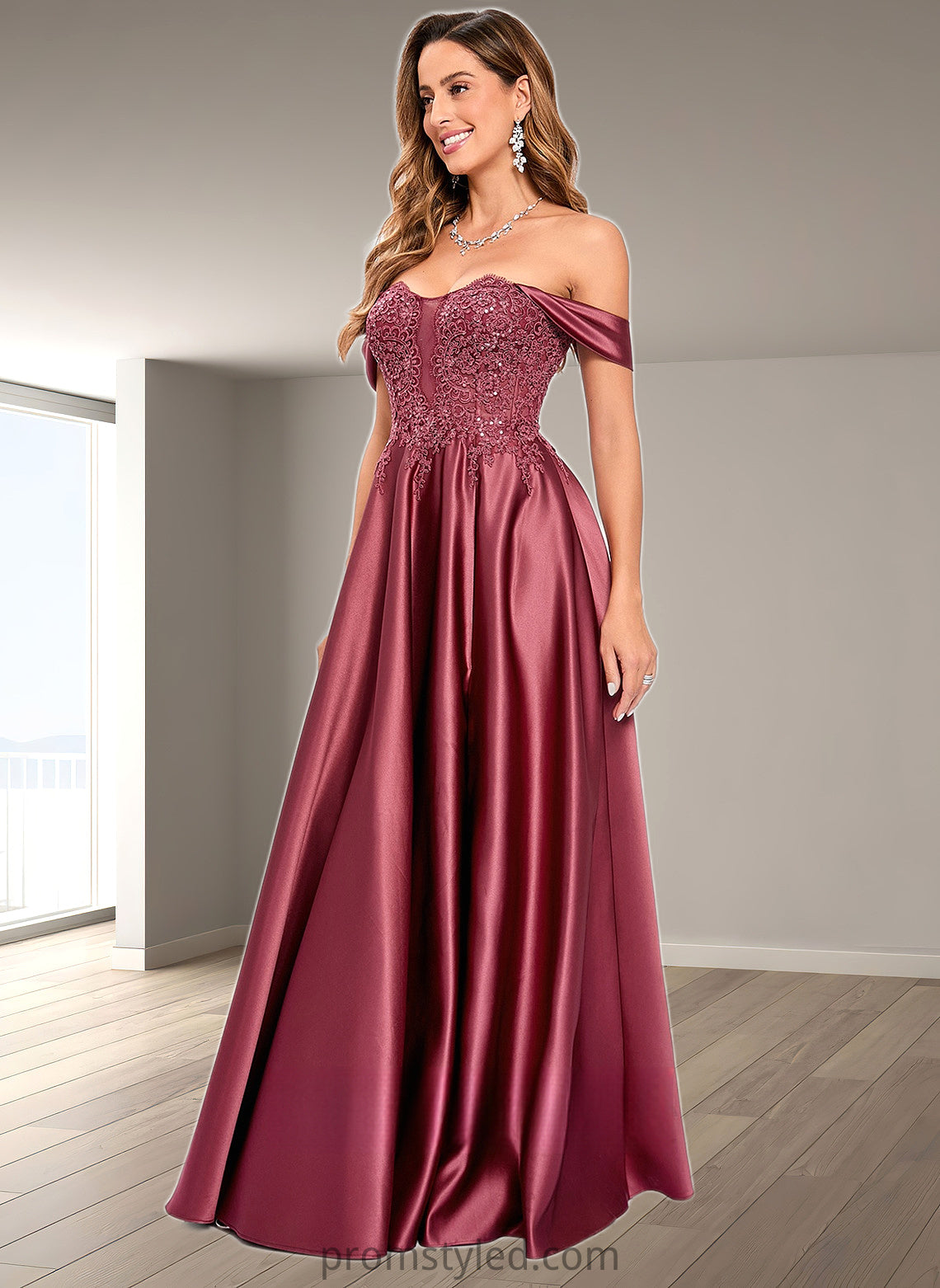 Christina A-line Off the Shoulder Floor-Length Satin Lace Prom Dresses With Sequins HLP0025841