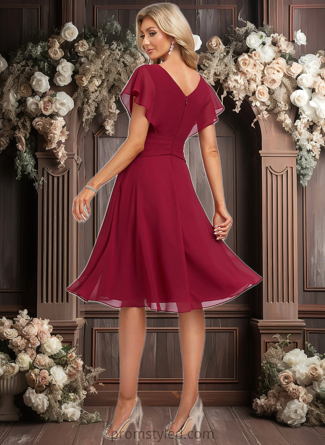 Alexus A-line V-Neck Knee-Length Chiffon Homecoming Dress With Ruffle HLP0025716