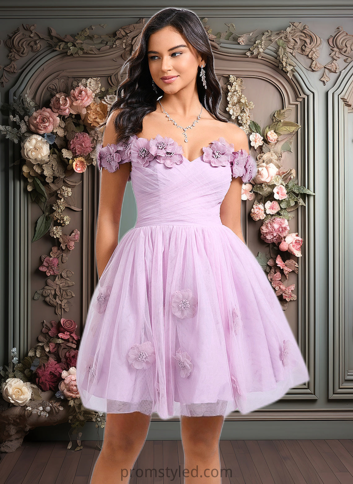 Cara Ball-Gown/Princess Off the Shoulder Short Tulle Homecoming Dress With Pleated Flower HLP0025668