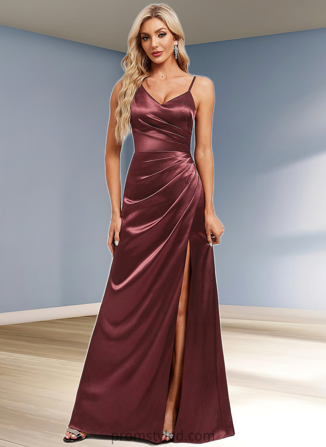 Valeria A-line Asymmetrical Floor-Length Stretch Satin Bridesmaid Dress HLP0025828