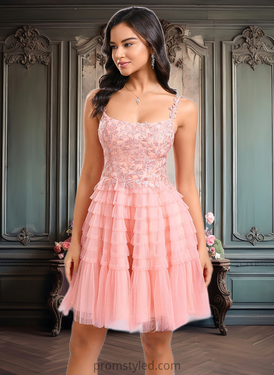 Damaris Ball-Gown/Princess Scoop Short Tulle Lace Homecoming Dress With Ruffle HLP0025676