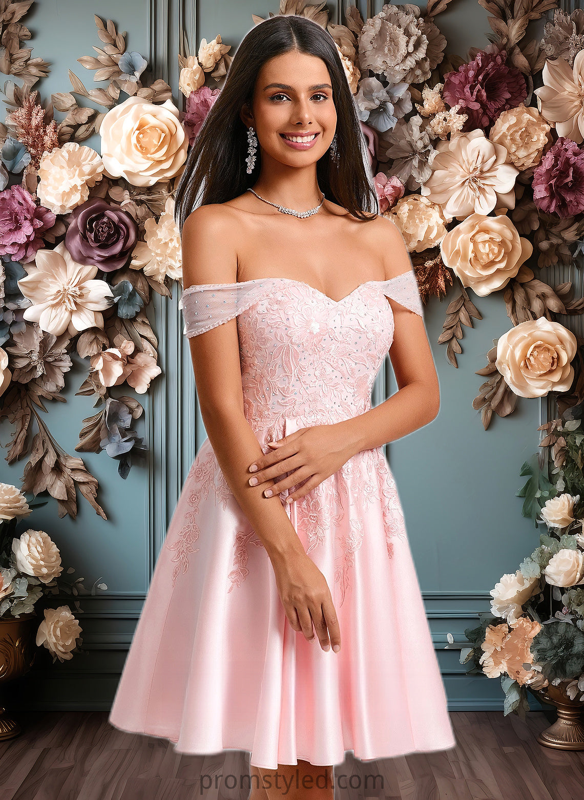 Charlotte A-line Off the Shoulder Short Satin Homecoming Dress With Rhinestone Beading Appliques Lace HLP0025679