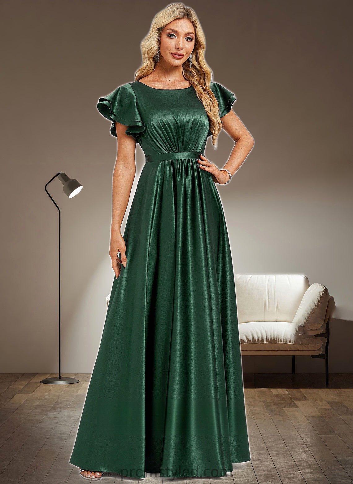 Kyra A-line Scoop Floor-Length Stretch Satin Bridesmaid Dress With Ruffle HLP0025770