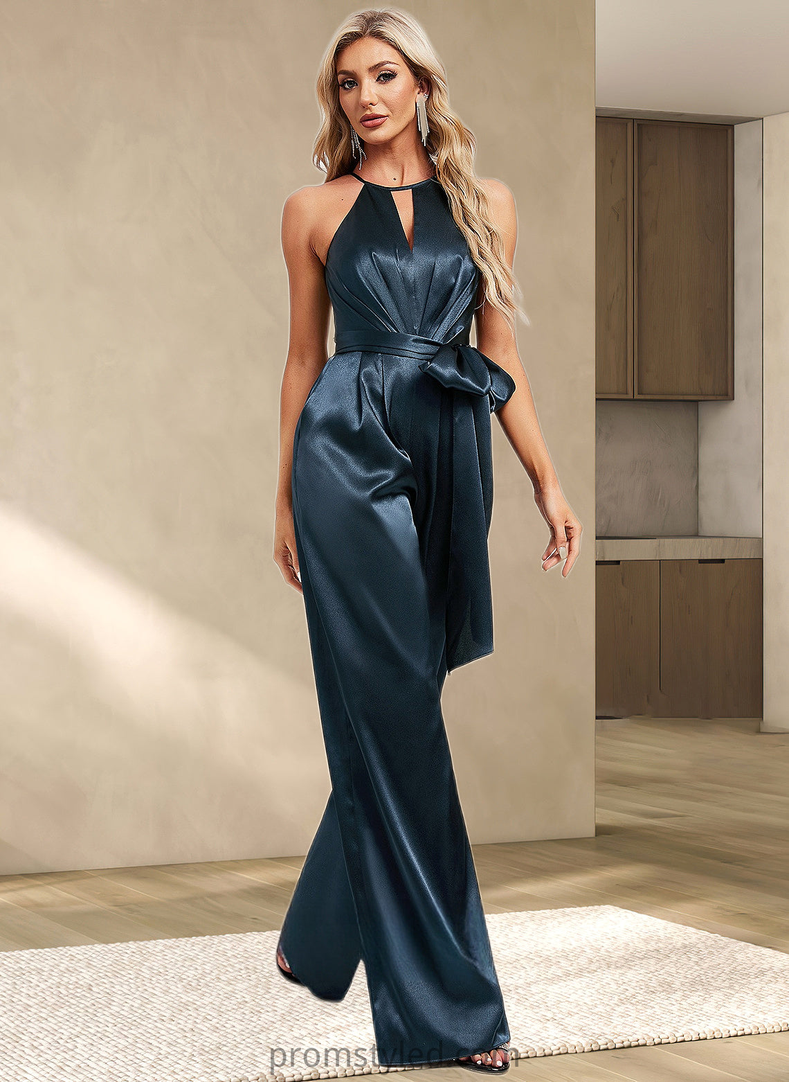 Savanah Jumpsuit/Pantsuit Halter Floor-Length Stretch Satin Bridesmaid Dress HLP0025805