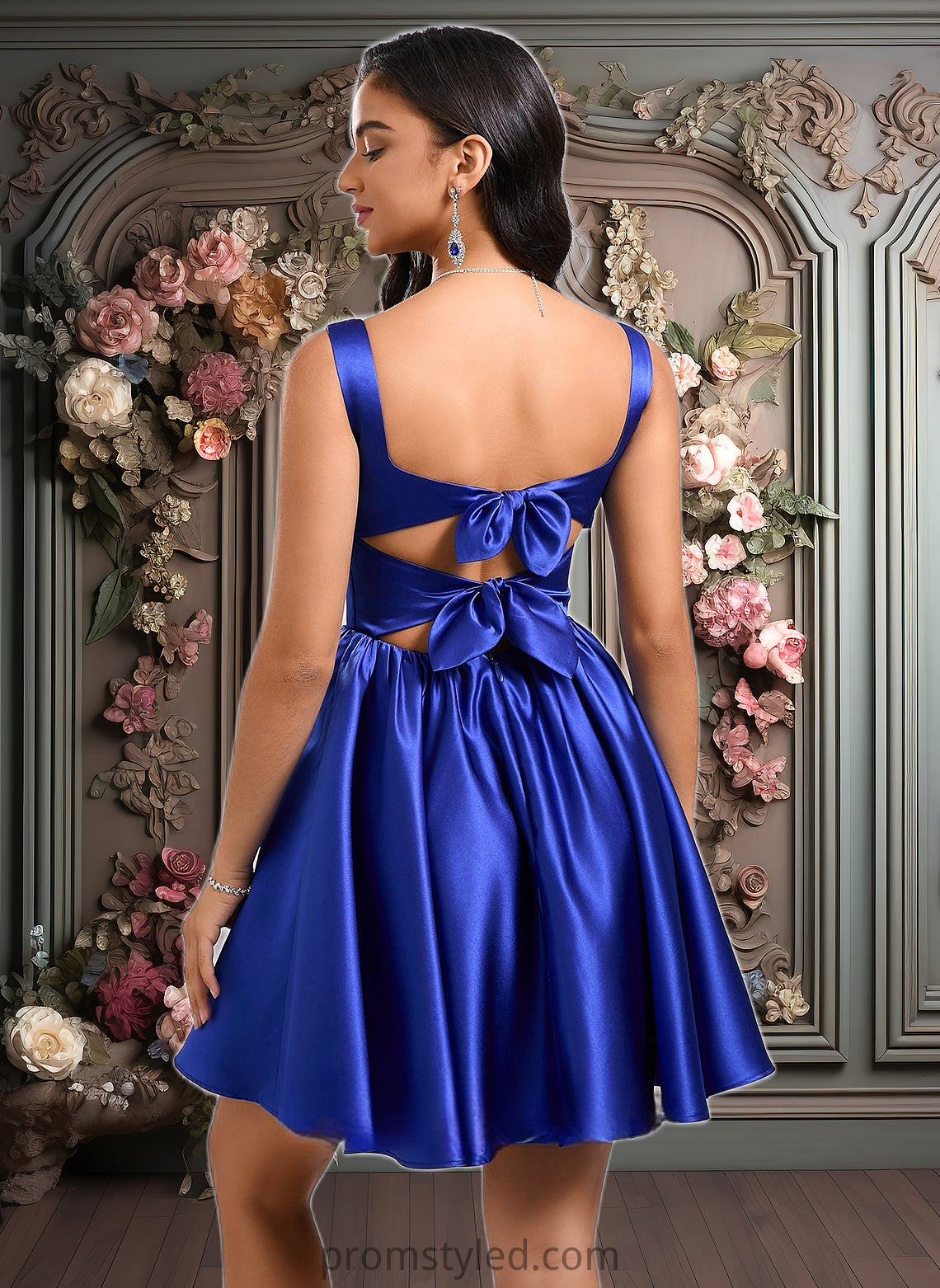 Lina A-line Square Short Satin Homecoming Dress With Bow HLP0025672