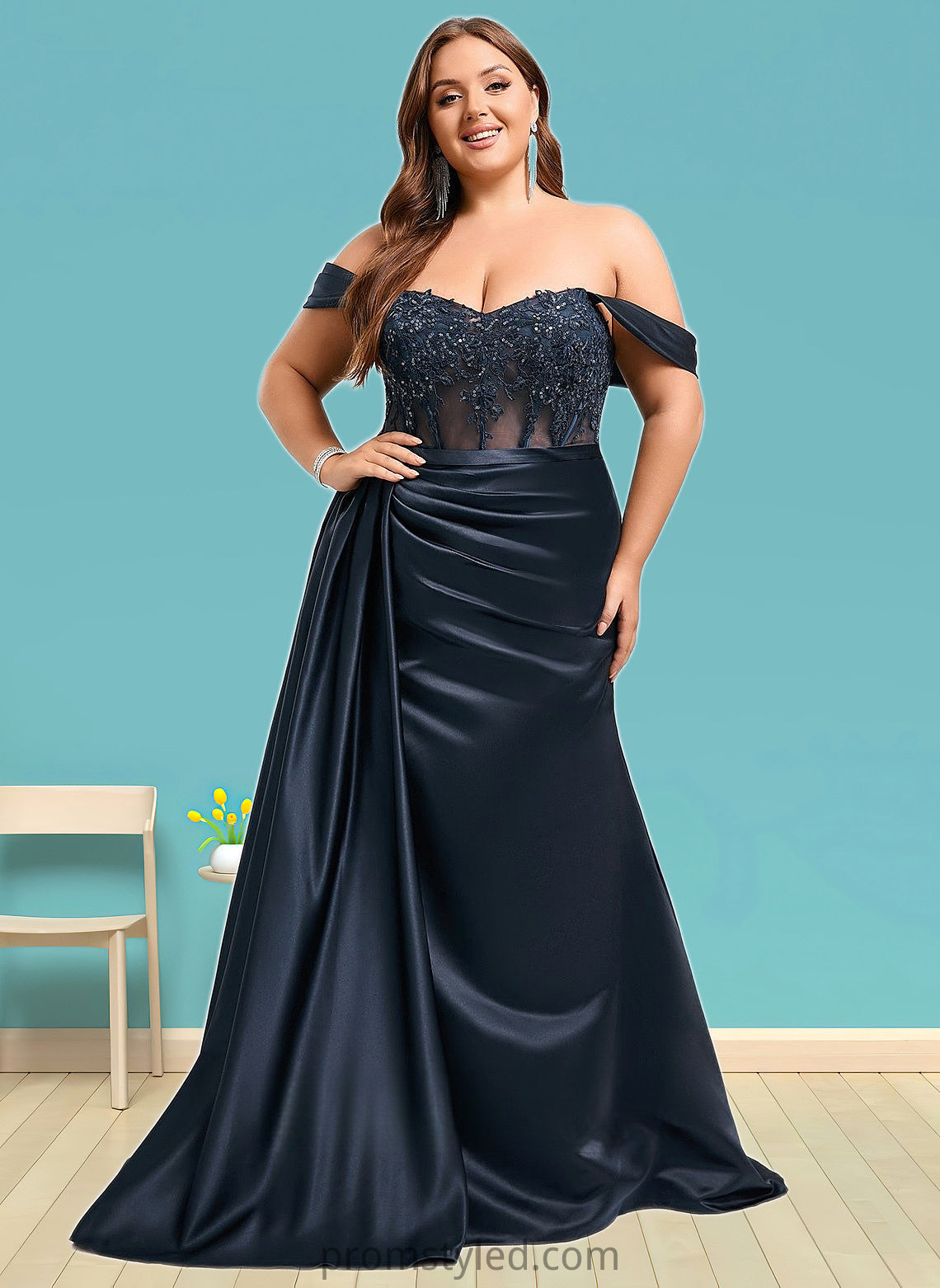 Lisa Trumpet/Mermaid Off the Shoulder Sweep Train Satin Prom Dresses With Sequins Appliques Lace HLP0025835