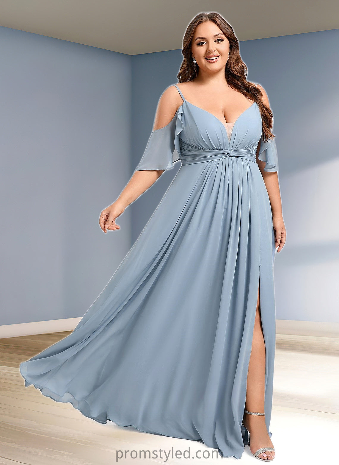 Rosa A-line Cold Shoulder Floor-Length Chiffon Bridesmaid Dress With Ruffle HLP0025797