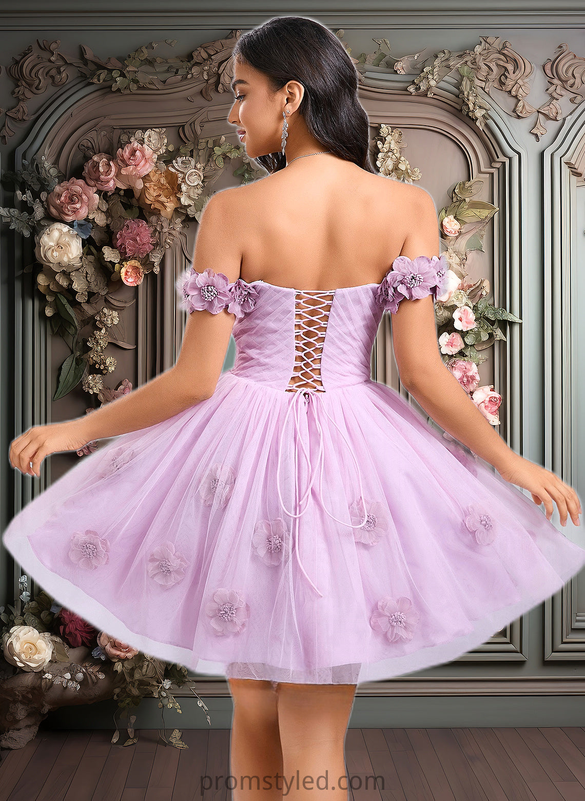 Cara Ball-Gown/Princess Off the Shoulder Short Tulle Homecoming Dress With Pleated Flower HLP0025668