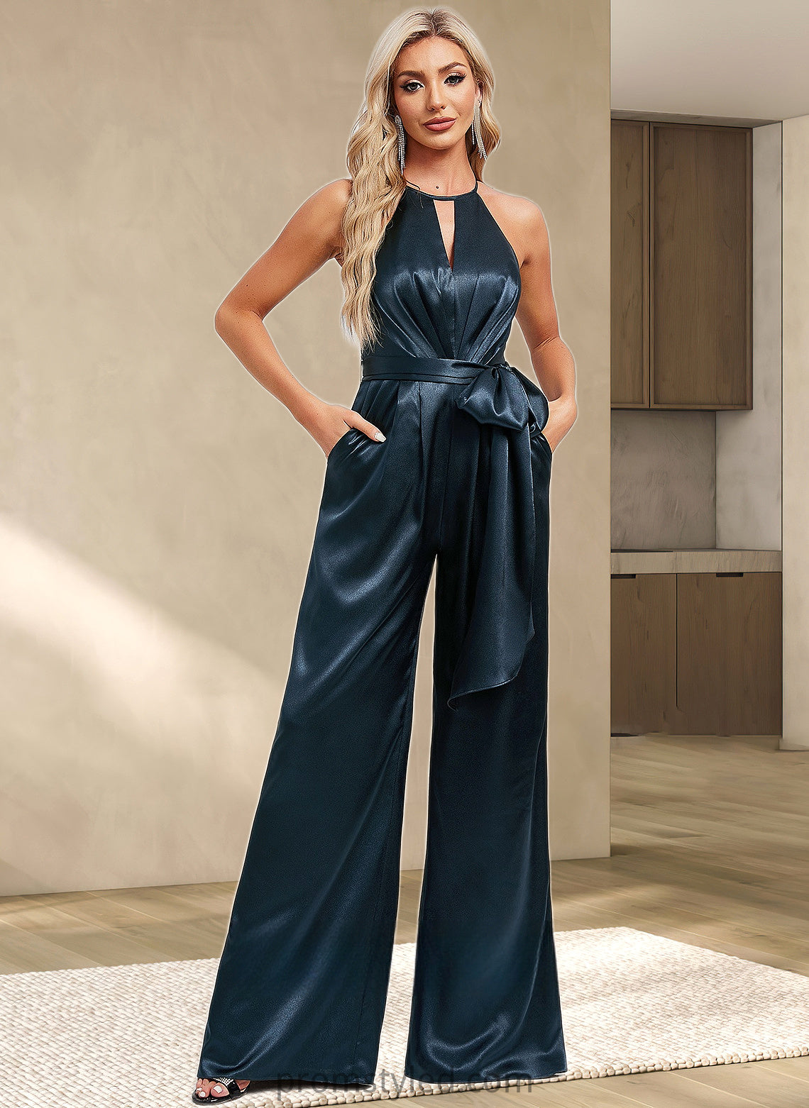 Savanah Jumpsuit/Pantsuit Halter Floor-Length Stretch Satin Bridesmaid Dress HLP0025805