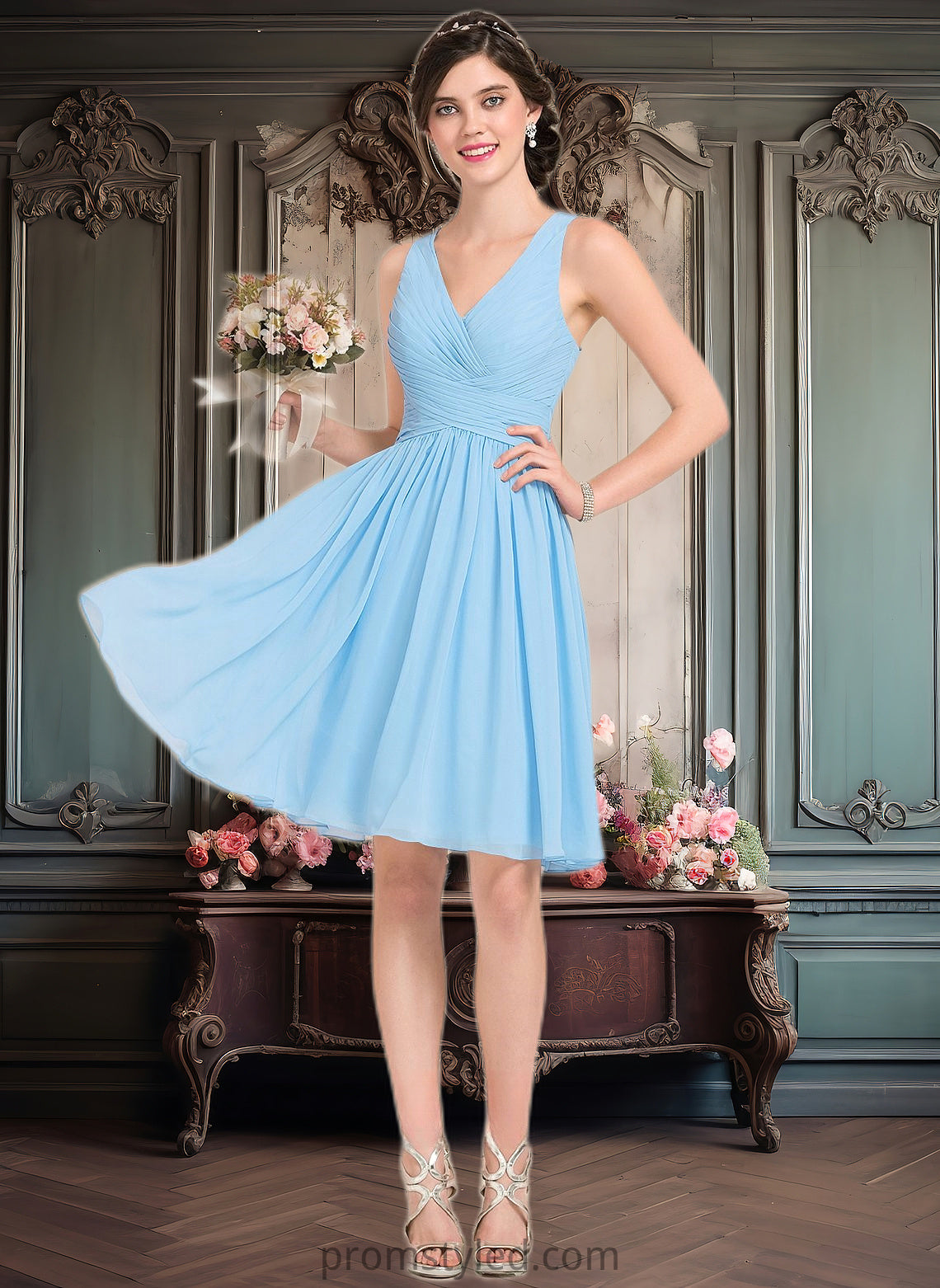 Aliya A-line V-Neck Knee-Length Chiffon Homecoming Dress With Ruffle HLP0025703