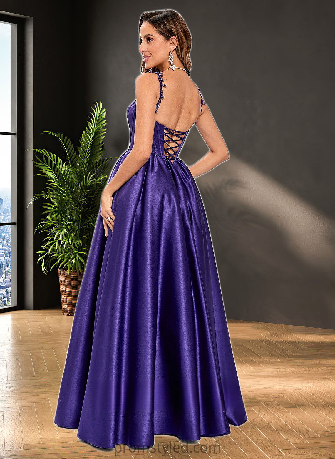 Maci Ball-Gown/Princess Scoop Floor-Length Satin Prom Dresses With Appliques Lace Beading HLP0025865