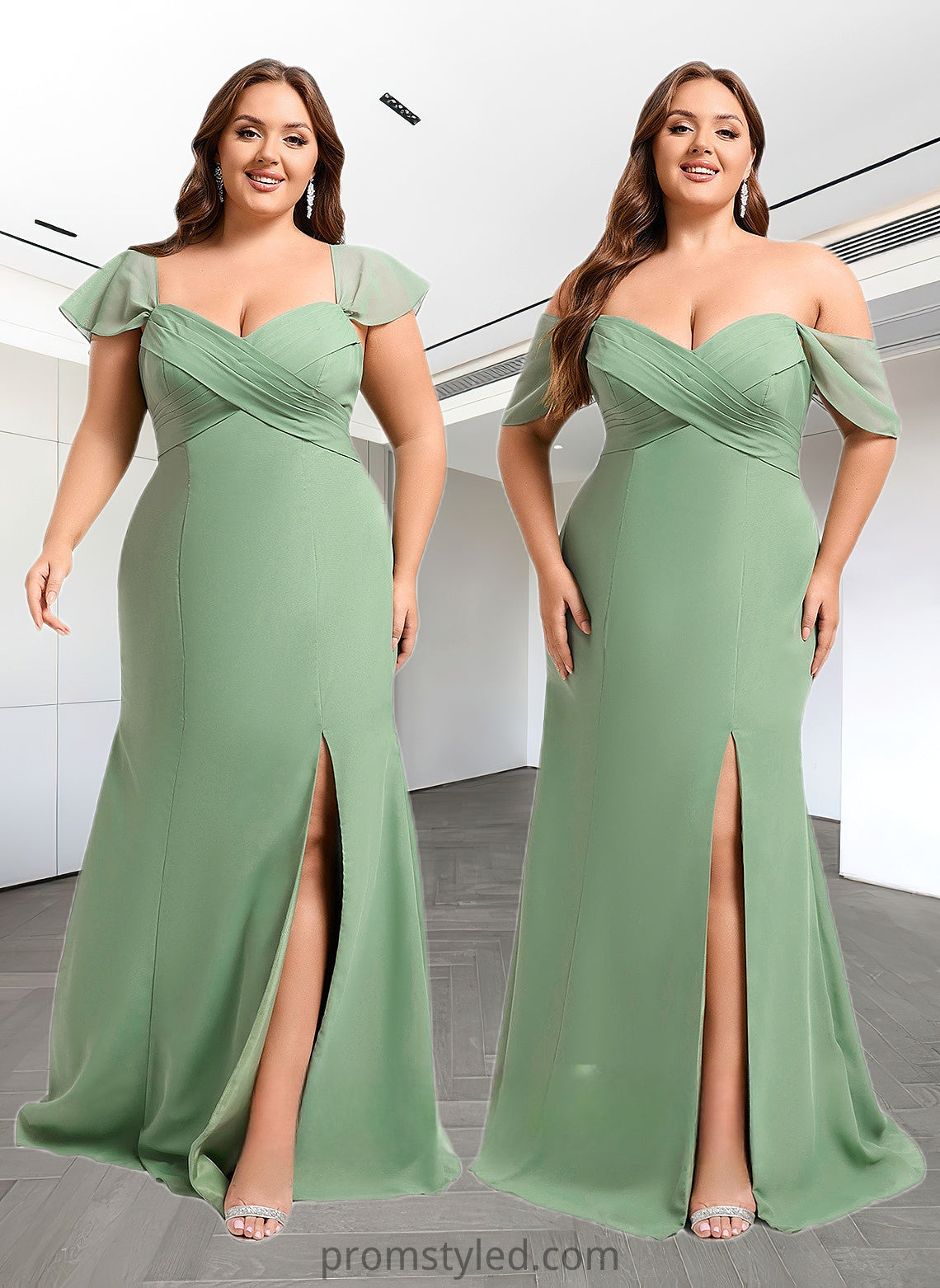 Joselyn Trumpet/Mermaid Off the Shoulder V-Neck Floor-Length Chiffon Bridesmaid Dress HLP0025810