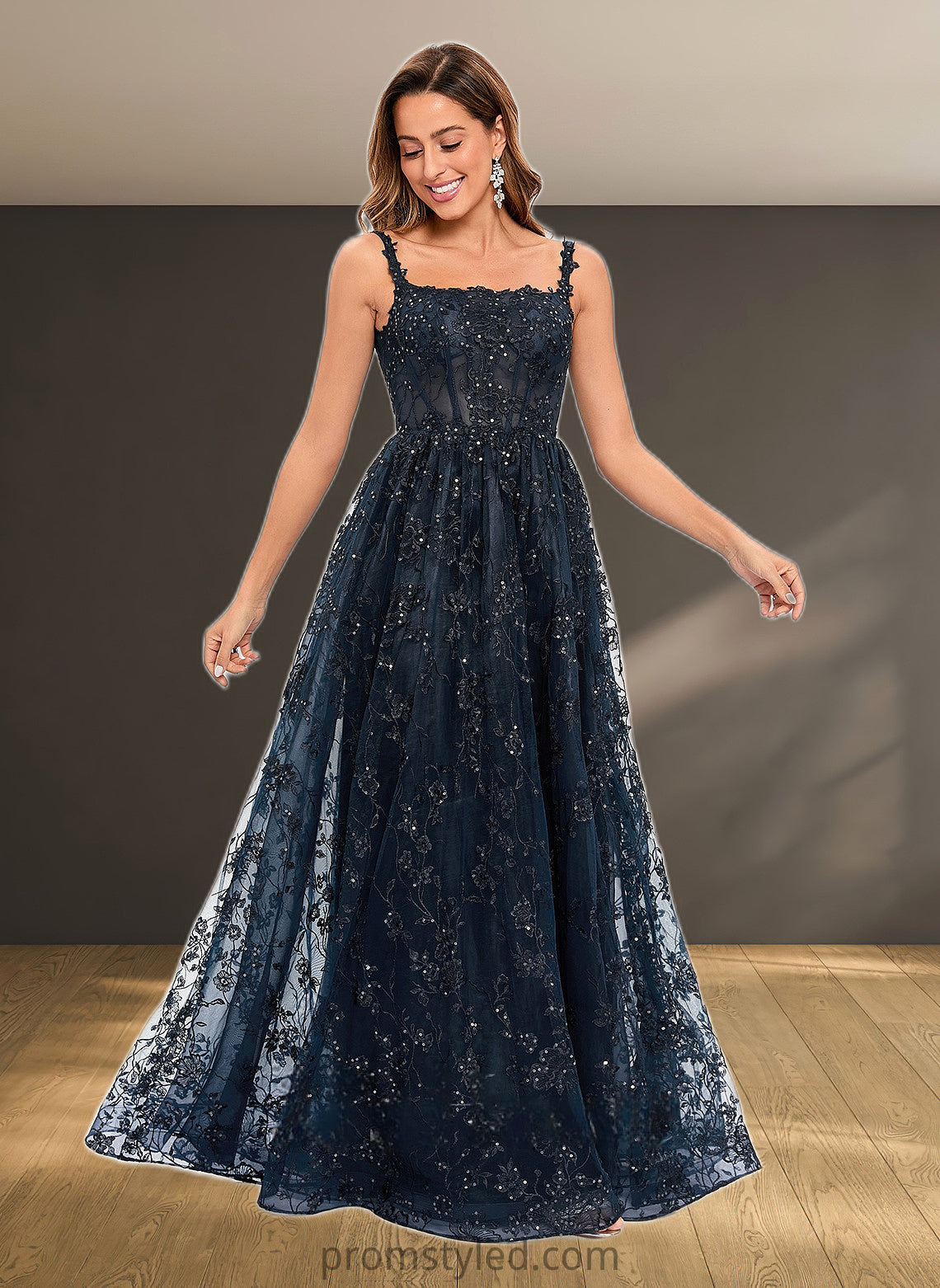 Yazmin A-line Square Floor-Length Organza Lace Floral Prom Dresses With Sequins HLP0025844