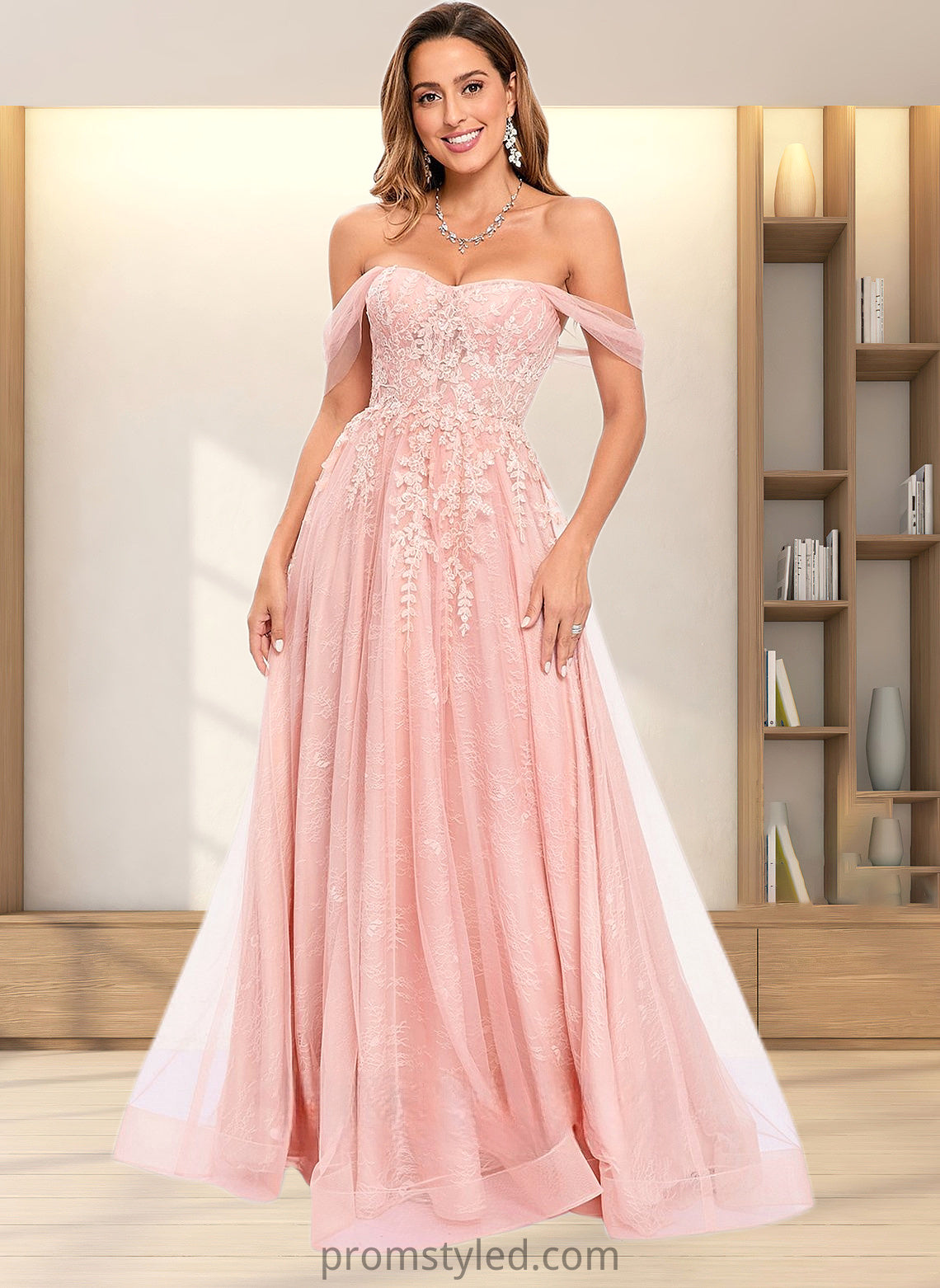 Baylee A-line Sweetheart Off the Shoulder Floor-Length Tulle Floral Lace Prom Dresses With Appliques Lace HLP0025870