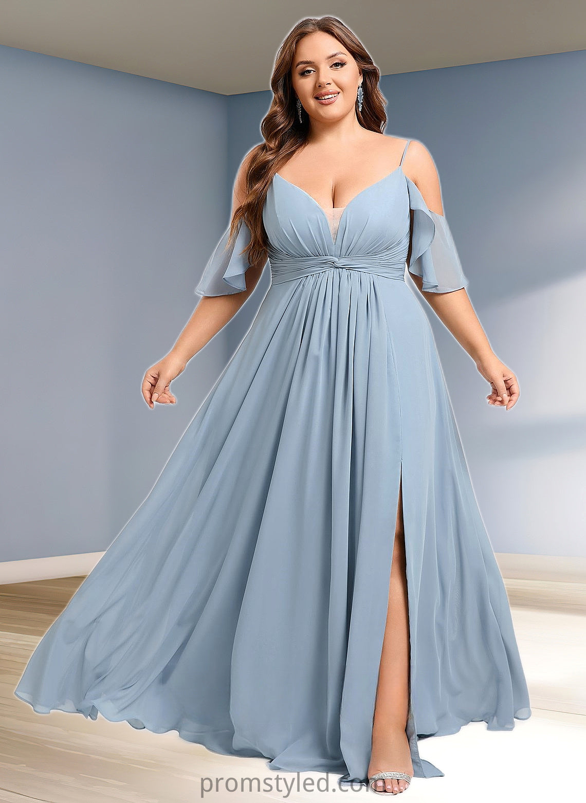 Rosa A-line Cold Shoulder Floor-Length Chiffon Bridesmaid Dress With Ruffle HLP0025797