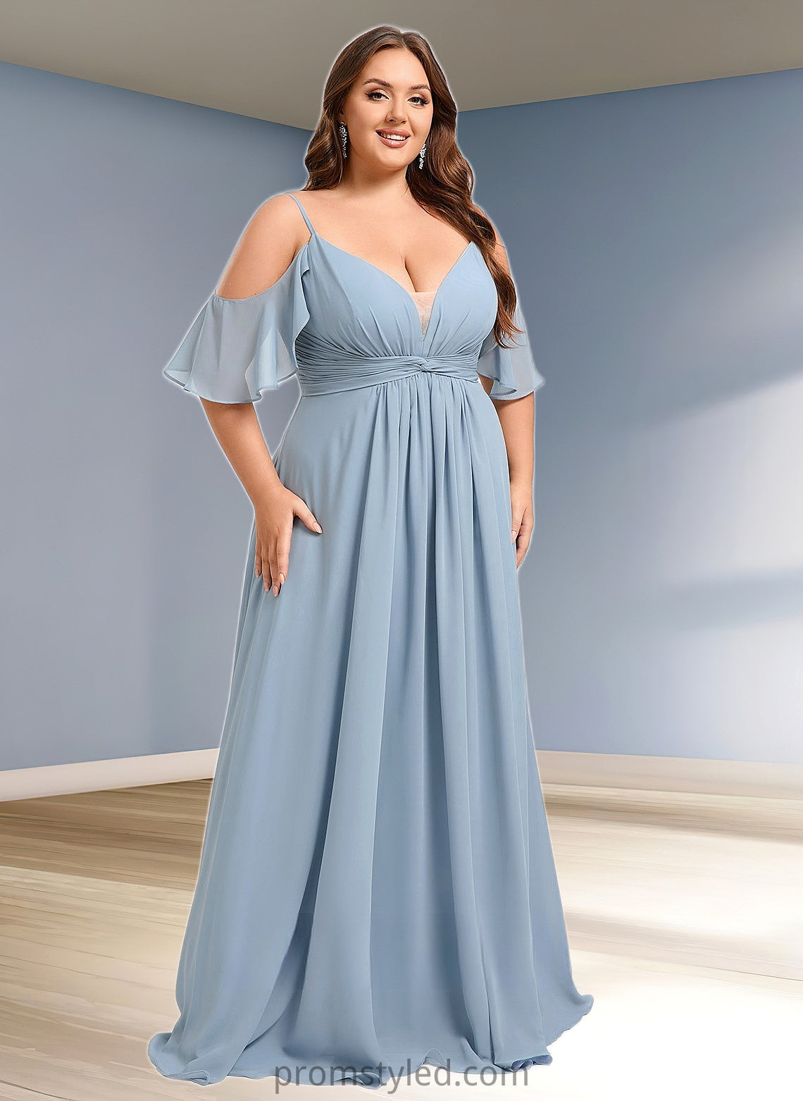 Rosa A-line Cold Shoulder Floor-Length Chiffon Bridesmaid Dress With Ruffle HLP0025797