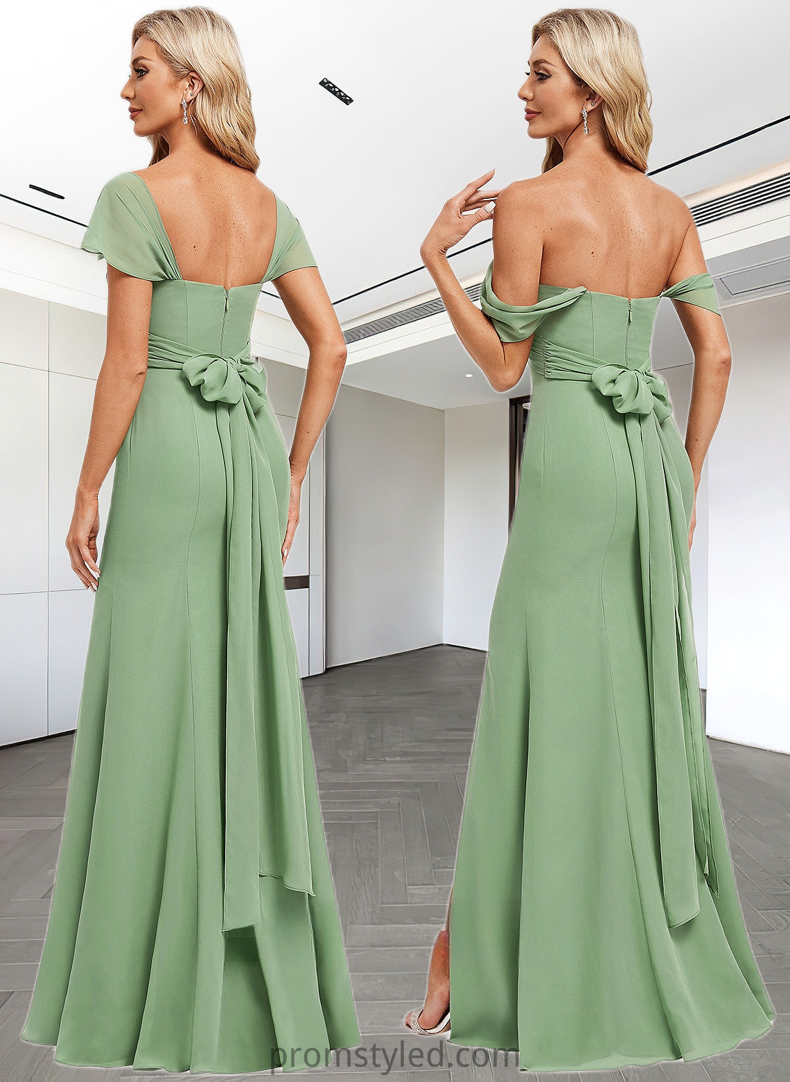 Joselyn Trumpet/Mermaid Off the Shoulder V-Neck Floor-Length Chiffon Bridesmaid Dress HLP0025810