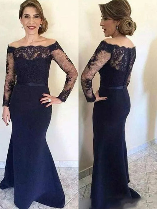 Nina Trumpet/Mermaid Stretch Crepe Lace Off-the-Shoulder Long Sleeves Floor-Length Mother of the Bride Dresses HLP0020321