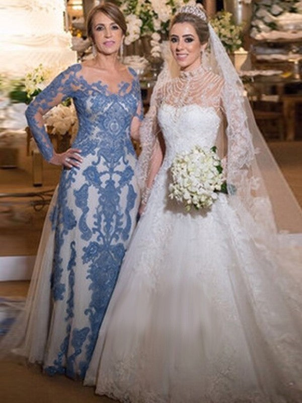 Angeline Sheath/Column Tulle Lace Scoop Long Sleeves Sweep/Brush Train Mother of the Bride Dresses HLP0020371