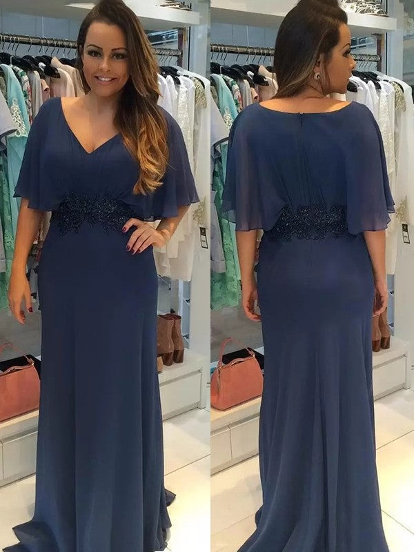 Aspen Sheath/Column Chiffon Applique V-neck Short Sleeves Sweep/Brush Train Mother of the Bride Dresses HLP0020284