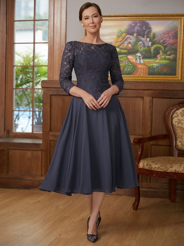 Nora A-Line/Princess Chiffon Lace Scoop 3/4 Sleeves Tea-Length Mother of the Bride Dresses HLP0020347