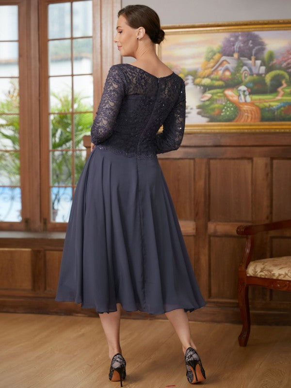 Nora A-Line/Princess Chiffon Lace Scoop 3/4 Sleeves Tea-Length Mother of the Bride Dresses HLP0020347