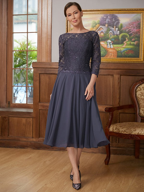 Nora A-Line/Princess Chiffon Lace Scoop 3/4 Sleeves Tea-Length Mother of the Bride Dresses HLP0020347