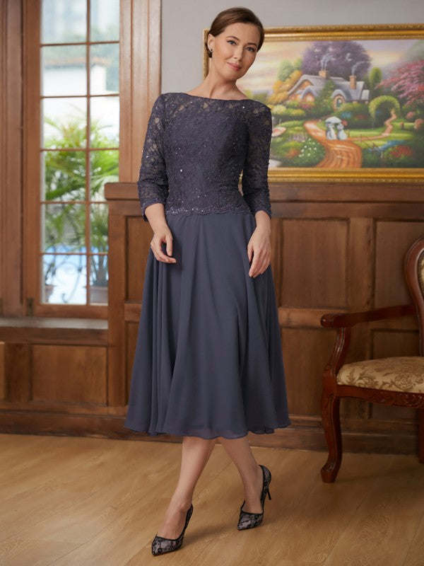 Nora A-Line/Princess Chiffon Lace Scoop 3/4 Sleeves Tea-Length Mother of the Bride Dresses HLP0020347