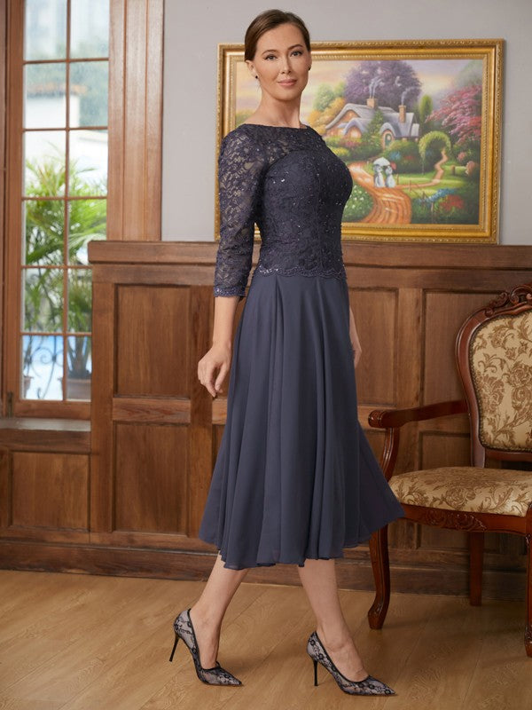 Nora A-Line/Princess Chiffon Lace Scoop 3/4 Sleeves Tea-Length Mother of the Bride Dresses HLP0020347