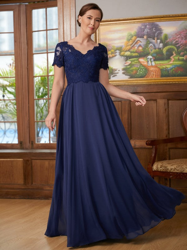 Essence A-Line/Princess Chiffon Lace V-neck Short Sleeves Floor-Length Mother of the Bride Dresses HLP0020311