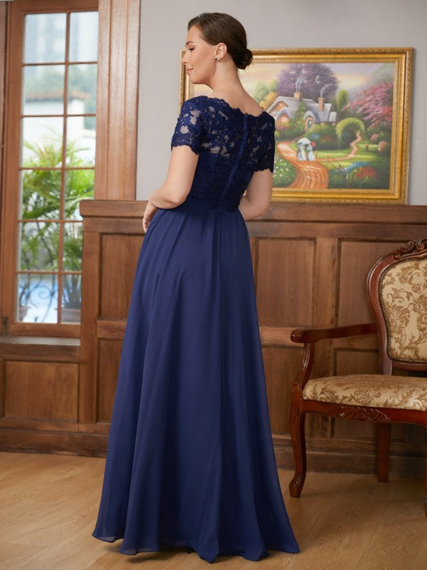 Essence A-Line/Princess Chiffon Lace V-neck Short Sleeves Floor-Length Mother of the Bride Dresses HLP0020311