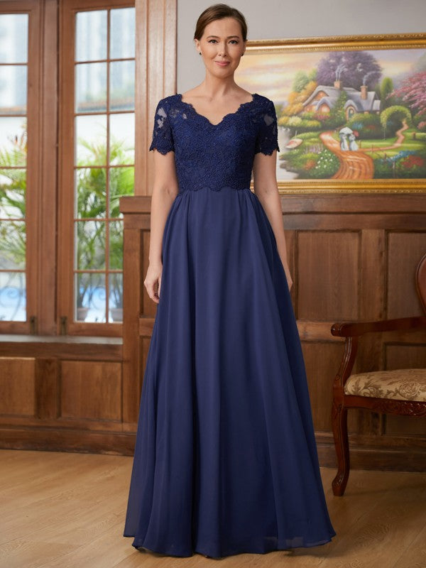 Essence A-Line/Princess Chiffon Lace V-neck Short Sleeves Floor-Length Mother of the Bride Dresses HLP0020311