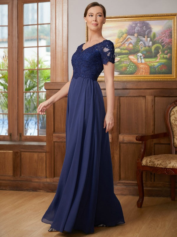 Essence A-Line/Princess Chiffon Lace V-neck Short Sleeves Floor-Length Mother of the Bride Dresses HLP0020311