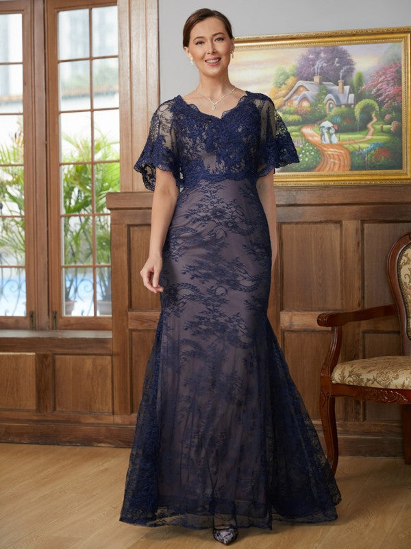 Deja Sheath/Column Silk like Satin Lace V-neck Short Sleeves Floor-Length Mother of the Bride Dresses HLP0020338