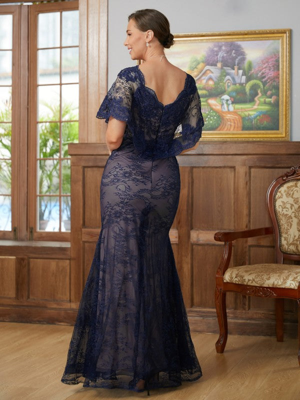 Deja Sheath/Column Silk like Satin Lace V-neck Short Sleeves Floor-Length Mother of the Bride Dresses HLP0020338