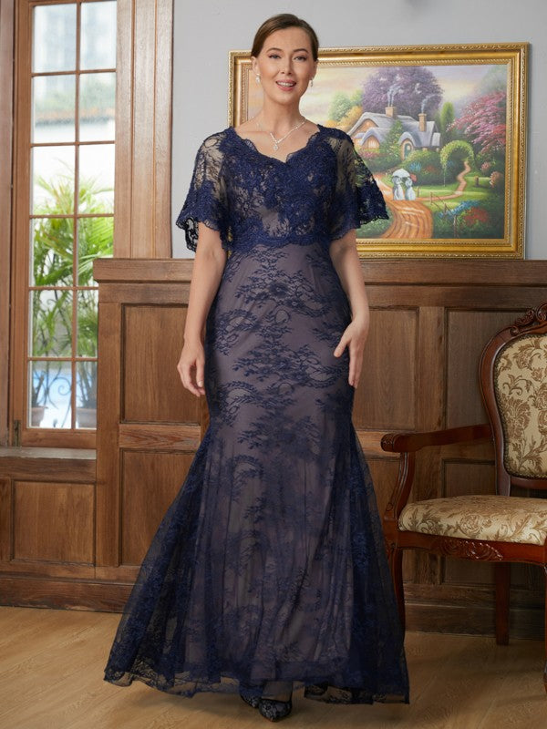 Deja Sheath/Column Silk like Satin Lace V-neck Short Sleeves Floor-Length Mother of the Bride Dresses HLP0020338