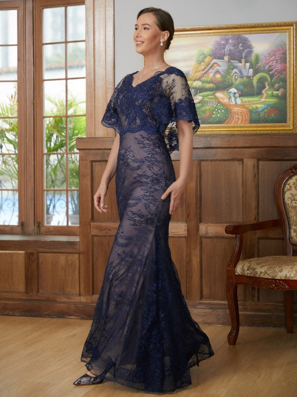 Deja Sheath/Column Silk like Satin Lace V-neck Short Sleeves Floor-Length Mother of the Bride Dresses HLP0020338