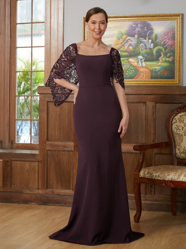 Sofia Sheath/Column Stretch Crepe Lace Square 1/2 Sleeves Sweep/Brush Train Mother of the Bride Dresses HLP0020329