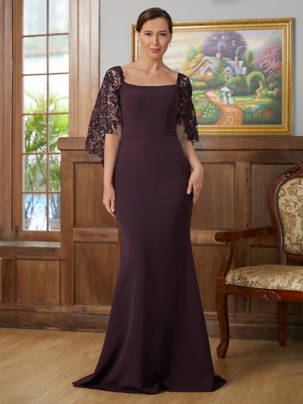 Sofia Sheath/Column Stretch Crepe Lace Square 1/2 Sleeves Sweep/Brush Train Mother of the Bride Dresses HLP0020329