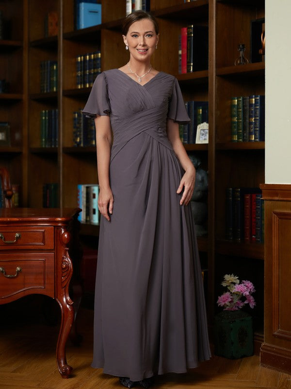 Haven A-Line/Princess Chiffon Ruched V-neck Short Sleeves Floor-Length Mother of the Bride Dresses HLP0020304